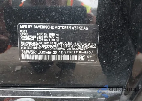 2021 BMW 330I z USA, uszkodzony, nr VIN 3MW5R1J0XM8C09190